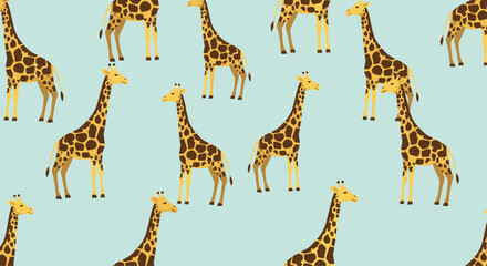 Obraz premium Delightful seamless pattern showcasing numerous tall giraffes with distinctive spot patterns, standing gracefully on a light blue background.
