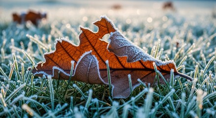 A single brown oak leaf covered in delicate frost on a bed of green grass