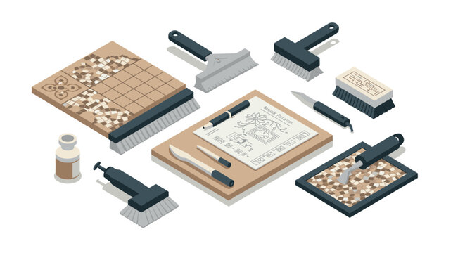Isometric mosaic restoration tools with tiles, brushes, and sketchpad for craft enthusiasts