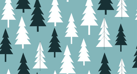 Obraz premium Charming seamless pattern featuring various stylized evergreen trees in contrasting black and white, set against a soft blue background.