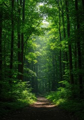 Fototapeta premium A peaceful, deep emerald forest view, showcasing dense, untouched foliage and dappled sunlight filtering through the canopy ,remote ,sunbeam ,deep