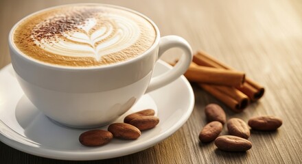 Aromatic cappuccino with latte art, cocoa beans, and cinnamon sticks on wood