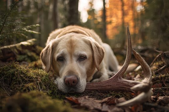 Older Labrador retriever exploring fallen antlers in a sunlit forest during shed hunting