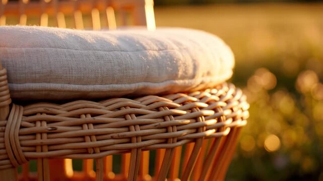 Close-up of Wicker Chair with Cushion in Golden Sunlight, Outdoor Relaxation