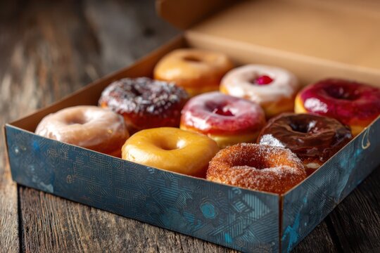 Open bakery box with twelve doughnuts in a colorful assortment, natural light and inviting setup - Powered by Adobe