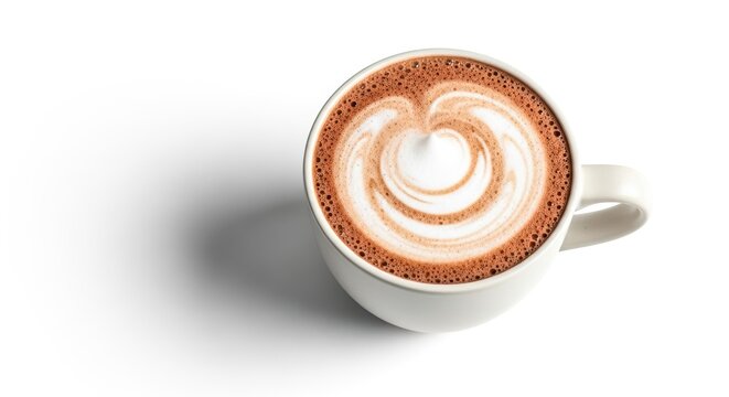 Aromatic cappuccino with beautiful latte art in white cup, isolated on white background