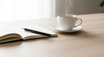 Steaming coffee cup and open notebook on a light wooden desk