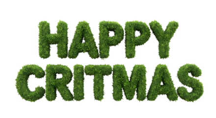 The word Happy Critmas formed from fresh green foliage, shaped like natural bushy letters, isolated on a transparent background, ultra realistic detail, clean PNG for easy integration.