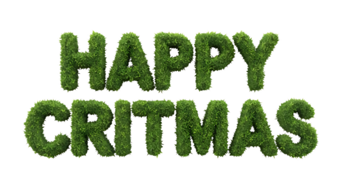 The word Happy Critmas formed from fresh green foliage, shaped like natural bushy letters, isolated on a transparent background, ultra realistic detail, clean PNG for easy integration.