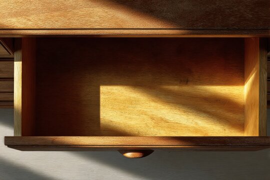 Open wooden drawer seen from above, minimal interior, natural wood texture