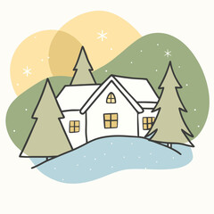 Fototapeta premium Cozy winter scene with snow covered house and pine trees under a soft yellow sky