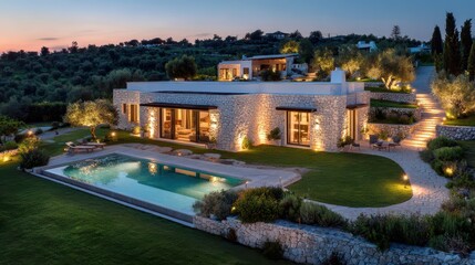 Opulent residence by tranquil landscape featuring a shimmering pool at twilight