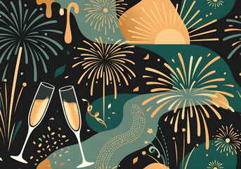 Abstract Organic Pattern with Fireworks, Champagne Glasses, and Sunrise Motif in Bold Gold and Forest Green