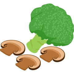 Isolated Pixel Art Broccoli and Mushroom Slices on a Transparent Background Featuring Green and Brown Tones in a Simple Flat Design Style