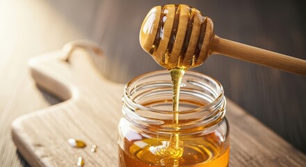 Golden honey drips from a wooden dipper into a glass jar on a rustic table