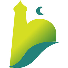 Islamic mosque silhouette with crescent moon and flowing green wave design on white background representing faith and culture