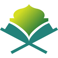 Islamic symbol featuring an open book with a mosque dome silhouette in green and teal gradient on a transparent background representing faith and knowledge