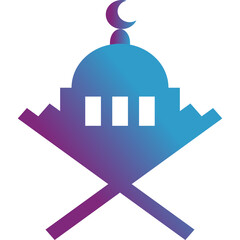 Islamic Symbol of a Mosque Dome and Crescent Moon with an Open Book or Quran on a Purple Blue Gradient Background