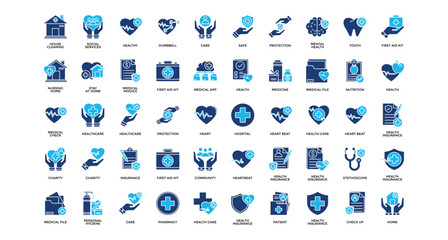 Health insurance icon set collection. Containing mental, nursing, anatomy, beat, charity, personal, stethoscope .Solid vector icons collection