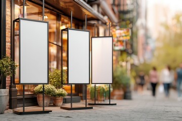 Outdoor cafe storefront with three promotional banners on display in warm urban light