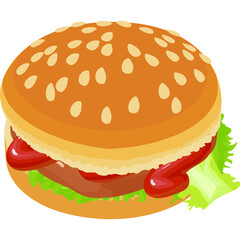 Isolated isometric illustration of a juicy cheeseburger with lettuce and ketchup on a white background featuring sesame seeds on the bun