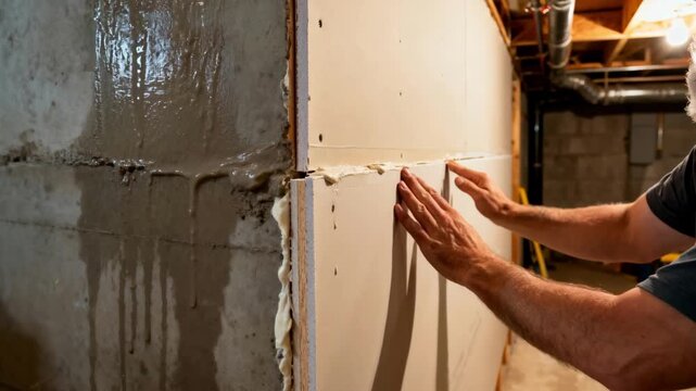 Closeup of hands fitting moldresistant drywall sheets along a damp wall corner in a basement remodeling project.