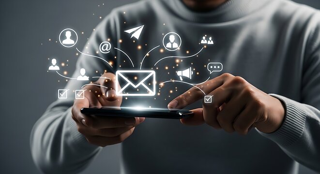 Email marketing concept with person using a smartphone to send messages