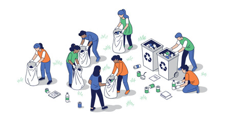 Community cleanup initiative with diverse volunteers engaged in recycling activities