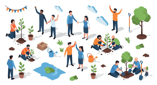 Community gardening activities with diverse people planting trees in isometric style