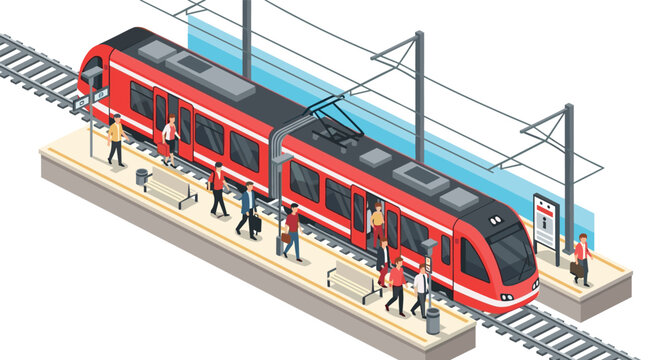 Modern isometric city train station with red commuter train and passengers on platform