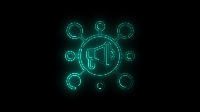 A vibrant cyan neon outline of a megaphone icon, central to a connected network, symbolizing digital marketing, social media promotion, and communication strategies, glowing on a dark background