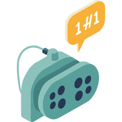 Retro virtual reality headset in teal and grey with orange speech bubble displaying 1#1 graphic element on transparent background isometric view