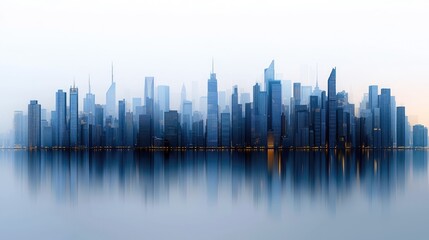 Fototapeta premium A panoramic view of a modern city skyline with numerous skyscrapers reflected in the calm water below. The scene is bathed in the soft, ethereal light of dawn o