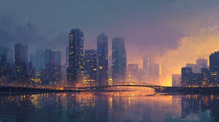Painterly digital cityscape of a vast skyline at dusk, with gradient sky, silhouettes, and tranquil waterfront