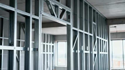 Medium shot of interior steel stud framing showcasing lightweight precise metal framework for modern wall construction.