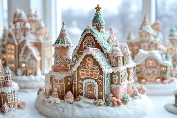 A delightful gingerbread cottage adorned with icing details and bright candy toppings.