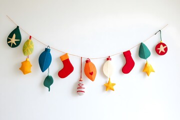 A handmade felt holiday garland featuring bells, thread accents, and cheerful shapes.