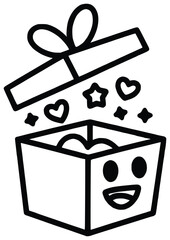 Surprise Inside the Box: An open gift box smiles and shines as hearts, stars, and sparkles spill from the lid, embodying the joy of giving and the excitement of unveiling a treasure.