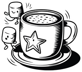 Cozy Cocoa Cup with Marshmallow Companions: A charming illustration depicts a steaming cup of cocoa adorned with a star design, accompanied by lively marshmallow friends.