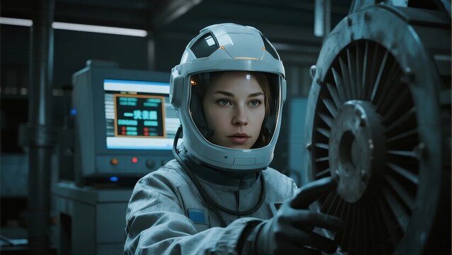 A person in a space suit examines a large mechanical component in a dimly lit industrial facility. - Powered by Adobe