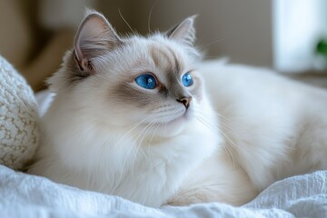 Close-up of a Beautiful Domestic Cat with Mesmerizing Blue Eyes Peacefully Sleeping in Soft Light