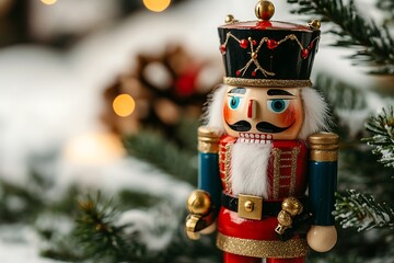 A traditional nutcracker statue featuring ornate uniform details and bright painted touches.