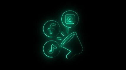 cyan neon social media icons, including facebook, instagram, and a music note, with a cursor, glowing against a black background, symbolizing digital connection and online interaction - Powered by Adobe
