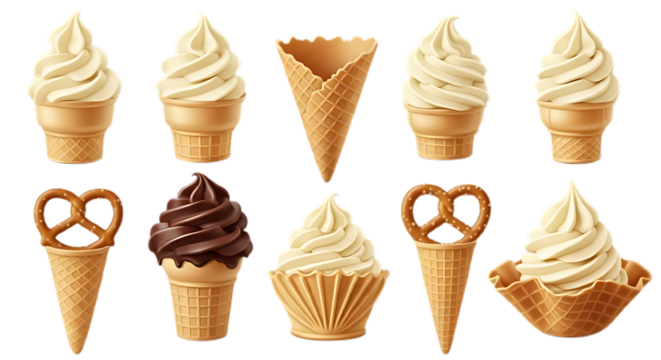 A set of vanilla ice cream swirls in classic waffle cones, isolated on a transparent background, creamy texture, ultra realistic detail, clean PNG for easy use.