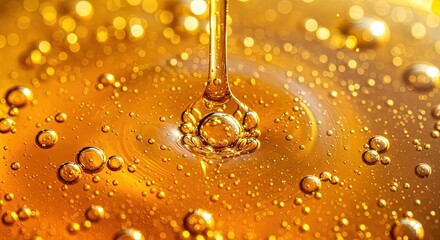 Closeup of golden honey pouring, creating ripples and bubbles, showcasing its viscous texture and natural sweetness in detail