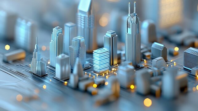 A detailed miniature cityscape featuring various skyscrapers and buildings arranged on a circuit board. The scene is illuminated with soft, glowing bokeh lights