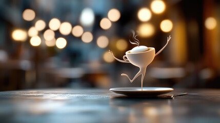 Meme Italian brainrot character with rotten Ballerina dancing on a table near a cup of cappuccino - Funny cute character with a cup of coffee,