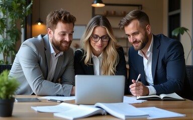 Obraz premium Corporate business people working in busy marketing office space, planning strategy in books and reading email on laptop at work. Businessman, businesswoman and workers at startup advertising company