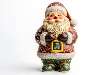 A festive Santa figurine decorated with shimmering glitter and a warm, cheerful smile.