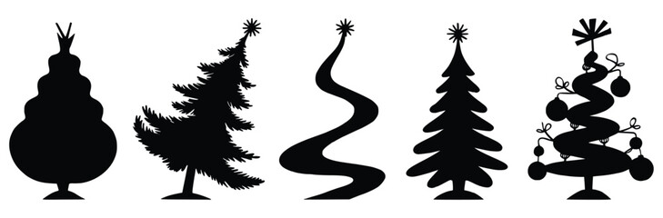 Silhouette Christmas Trees: A set of stylized silhouette Christmas trees, offering a festive and versatile design element for the holiday season. The stark black shapes pop out.